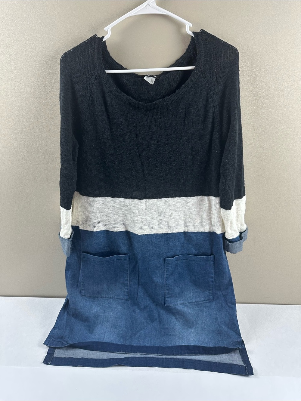 VENUS Black, Cream & Blue Colorblock Sweater Dress with Denim Bottom
